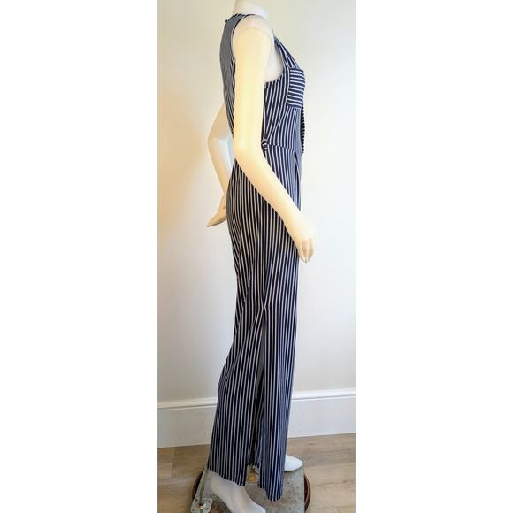 Monteau Blue White Sleeveless Striped Stretch Jumpsuit Open Back Size Medium - Picture 6 of 11